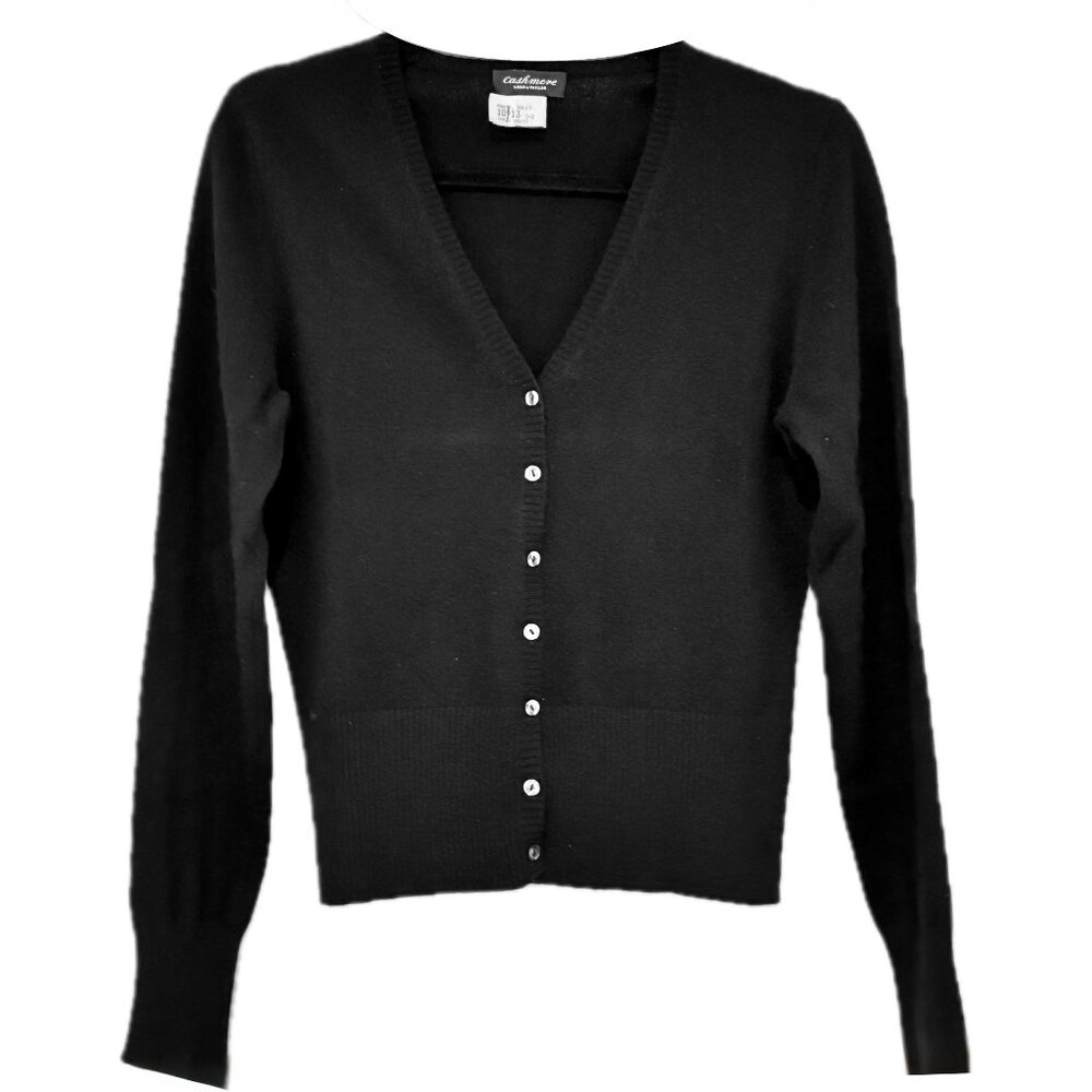 Lord  &Taylor Black Cashmere Cardigan Sweater Classic V-neck Ribbed Cuffs & Hem